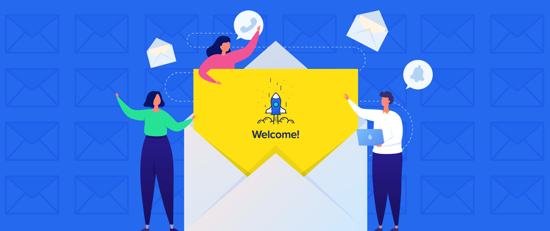 Onboarding in 2022 - illustration of 3 people opening a giant envelope, inside is a card that says "welcome"