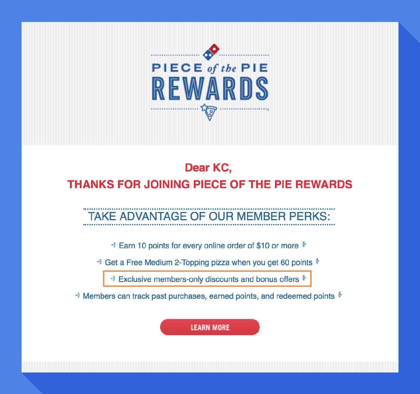 welcome message example from dominos member exclusive offers