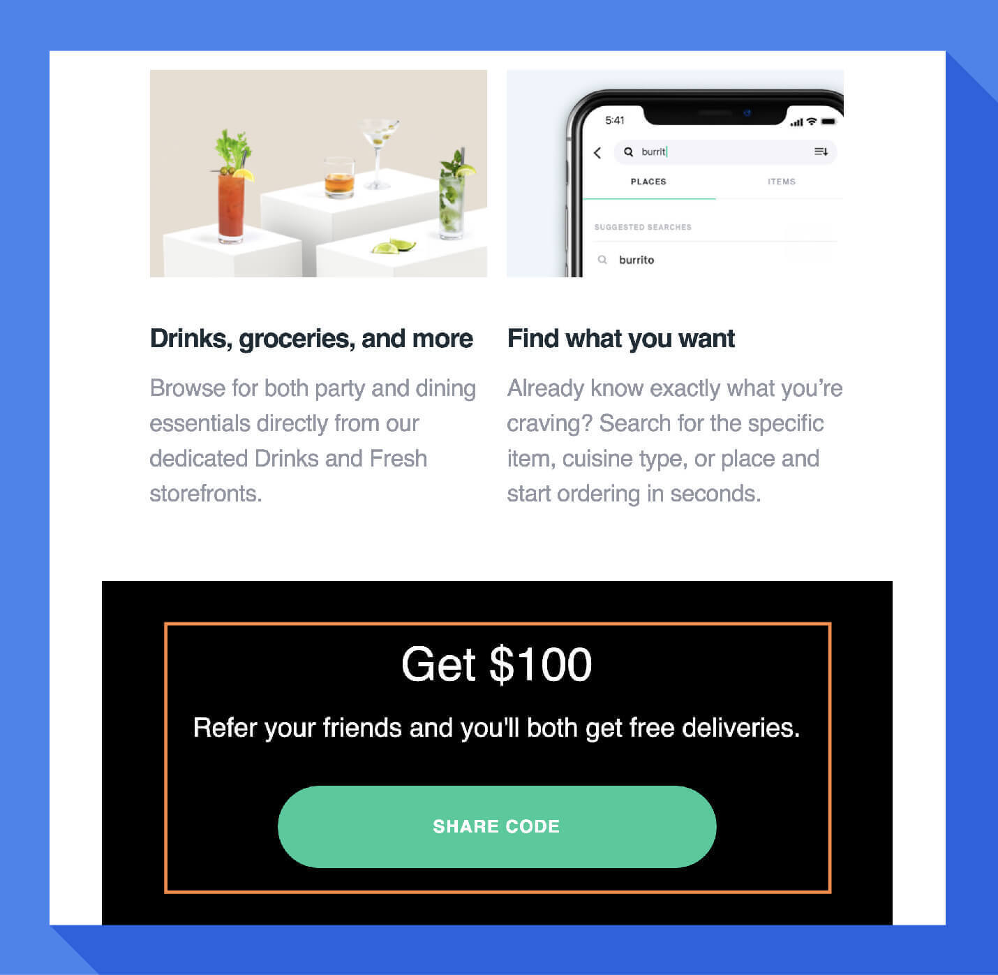 example referral marketing from postmates welcome message