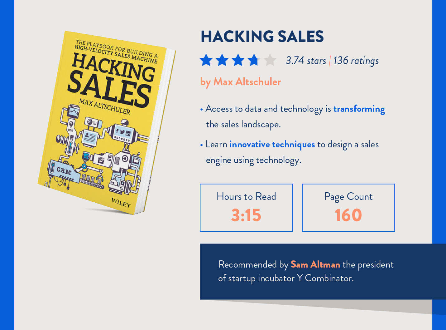 hacking sales book with ratings, time to read, page count, and recommendations