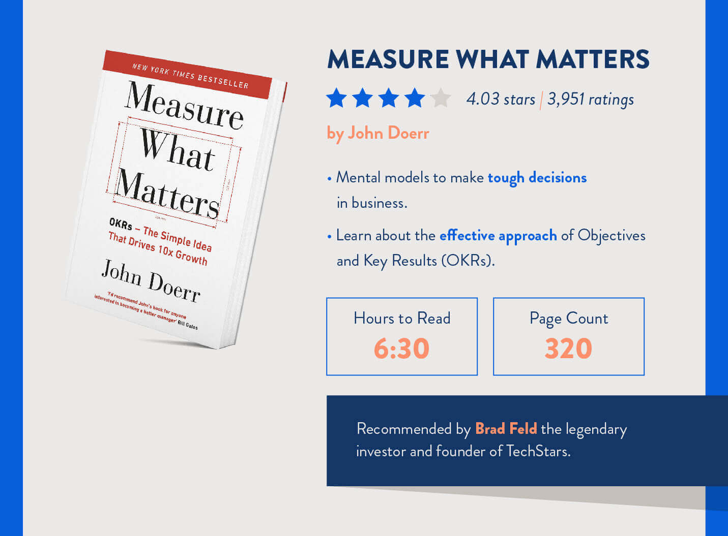 Measure what matters marketing book by john doerr about OKR and recommended by investor brad feld