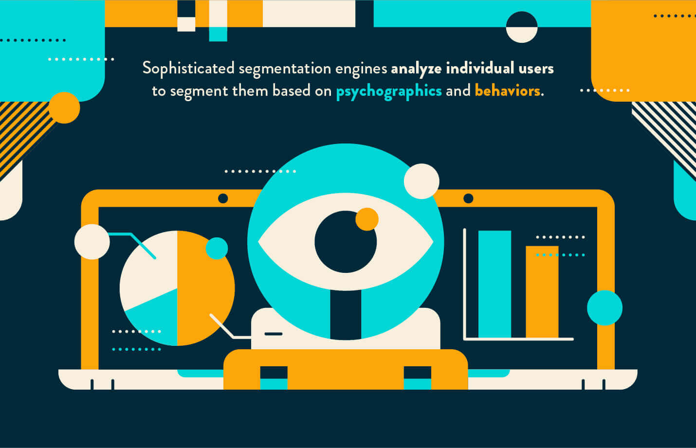 psychographic segmentation data science icon with eye analyzing charts in shades of blue and orange