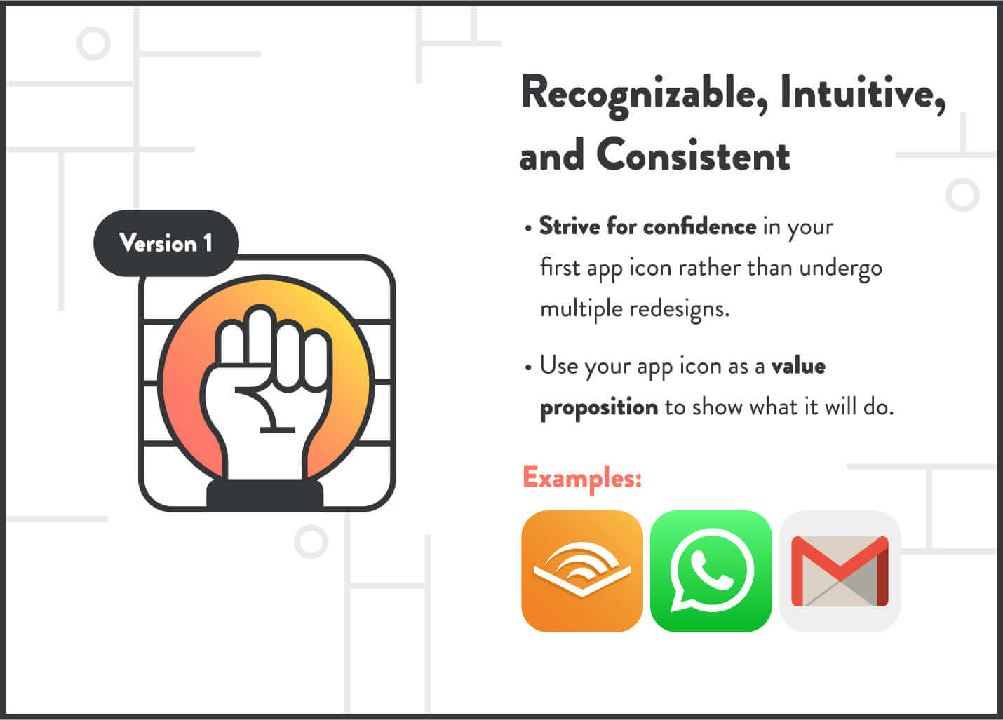 make app icons recognizable, intuitive, and consistent using examples from audible, whatsapp, and gmail