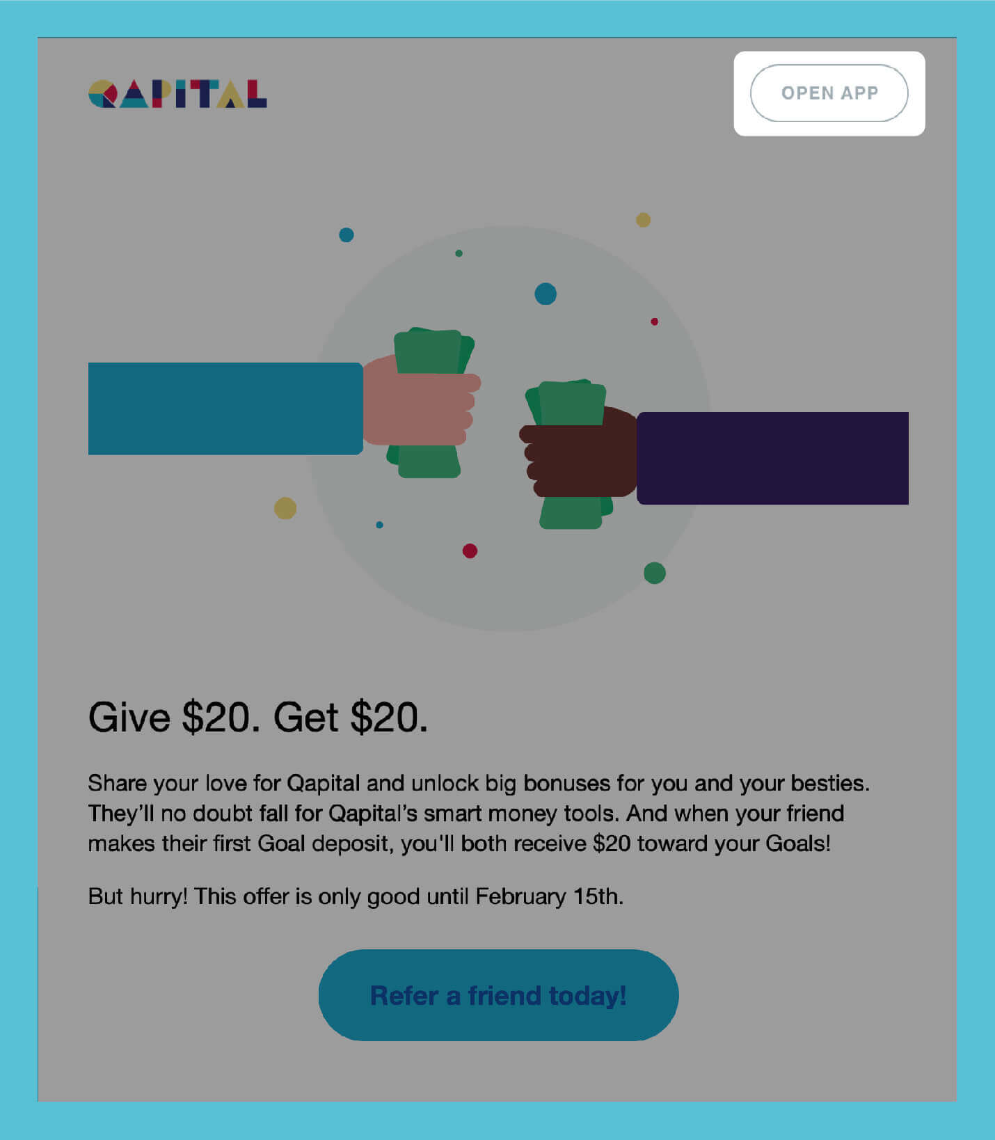 refer email from qapital incentivizing word of mouth with $20 gift