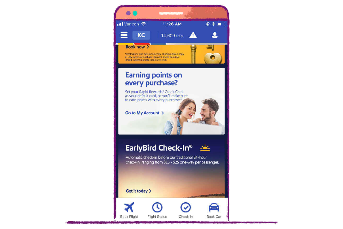 call to action button example on Southwest mobile app to provide multiple options