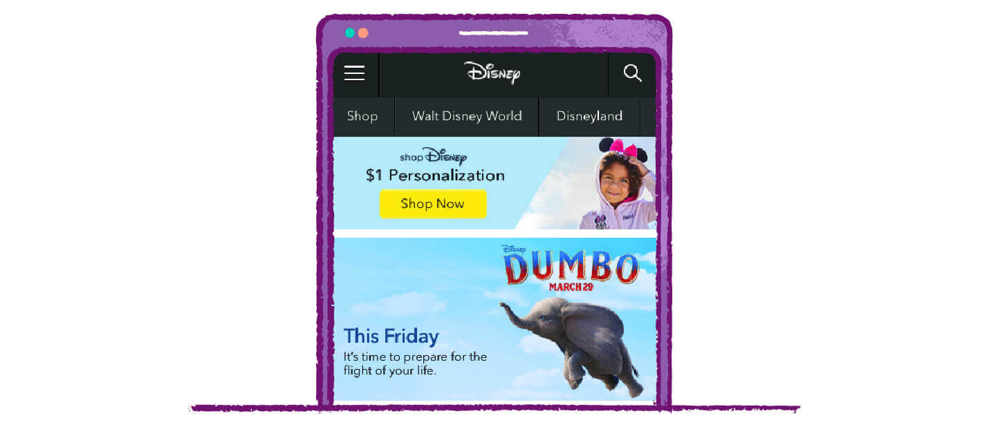Disney call to action buttons with personalization and upcoming events 