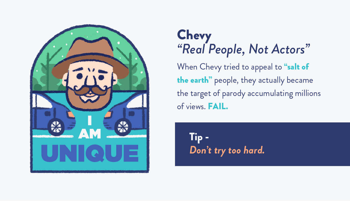 Chevy real people ad with bearded millennial wearing fedora illustration and blue car with descriptive text