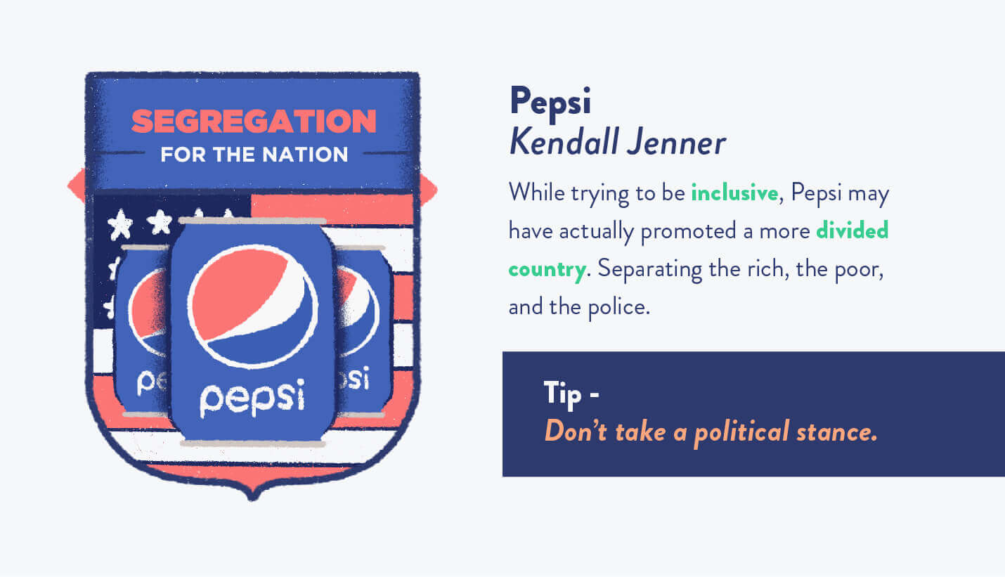 Pepsi ad campaign with "segregation for the nation" symbol and description of why their marketing to millennials strategy was flawed, reactions, and tips