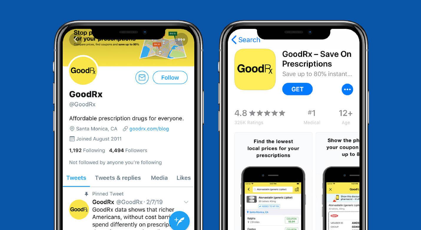 goodrx app store screenshot and twitter profile for value proposition examples