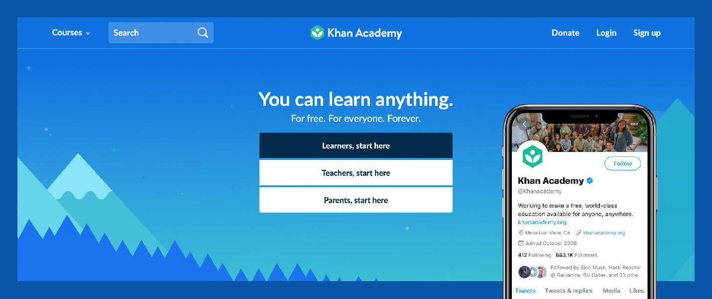 value proposition example from khan academy with "You can learn anything" on web and mission statement on twitter bio