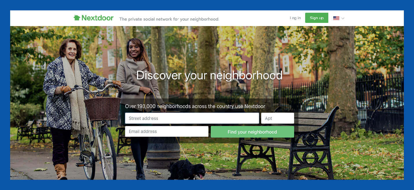 value proposition examples from nextdoor to discover your neighborhood with visual of two women walking through park