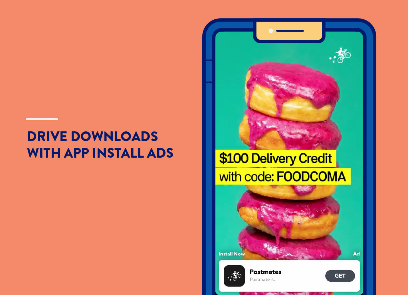 app install ads example from Postmates on snapchat for mobile app marketing strategies