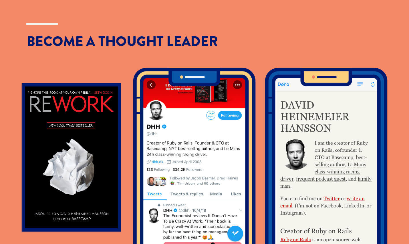 become a thought leader example from Daniel Heinemelier Hansson DHH author, twitter, and personal blog example for app marketing