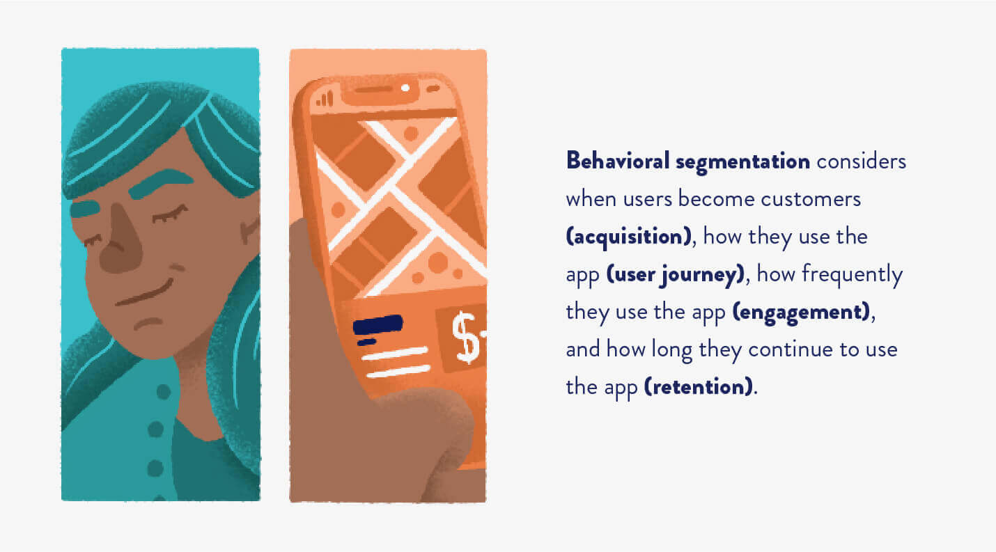 behavioral segmentation explanation with an illustrated headshot and up close use of mobile app on phone 