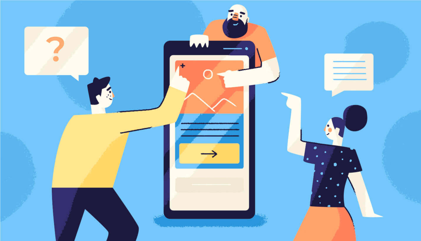 Engagement illustrations with three users pointing at various components of the in-app message
