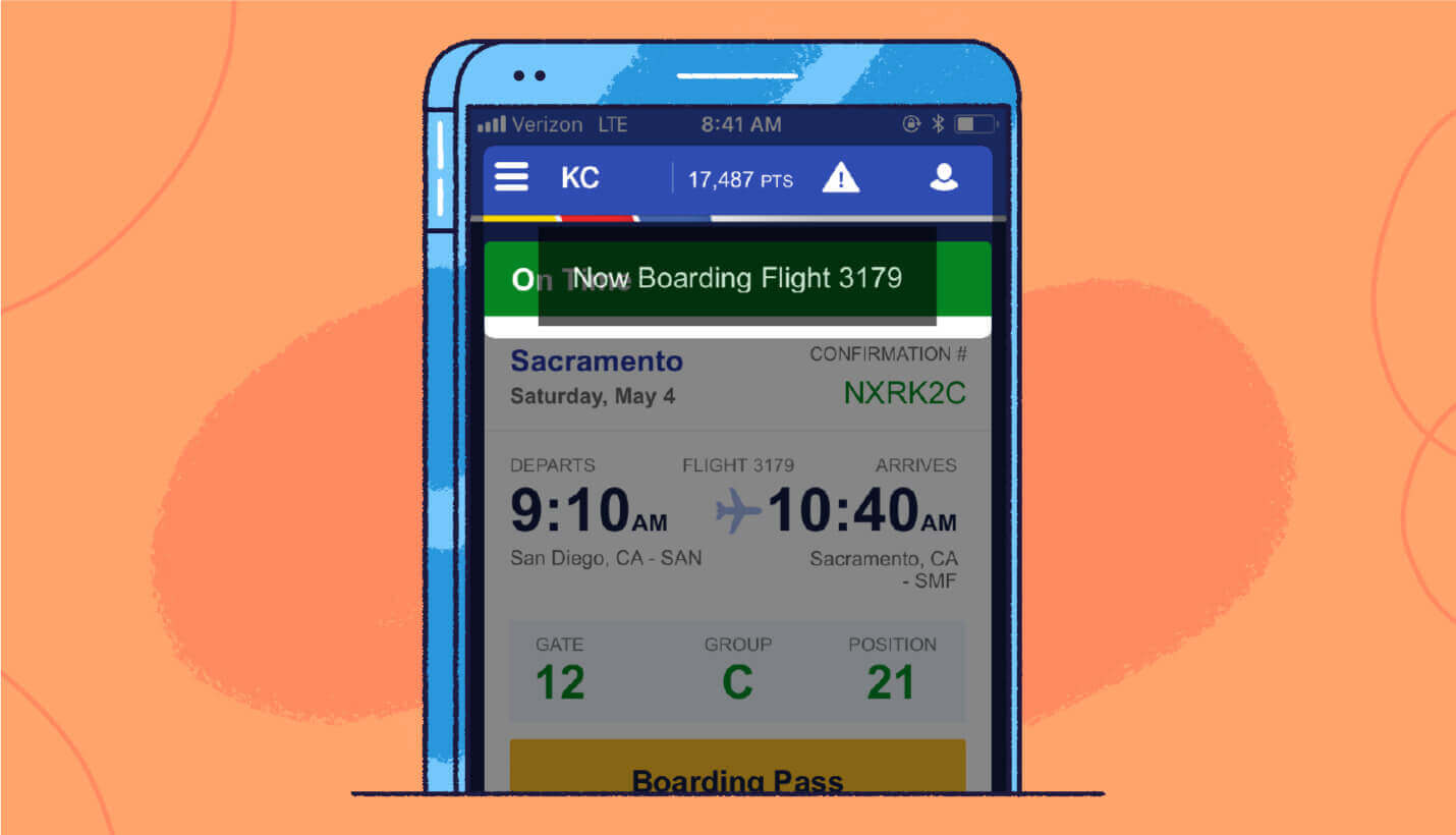 in-app message example from Southwest airlines alerting boarding flight
