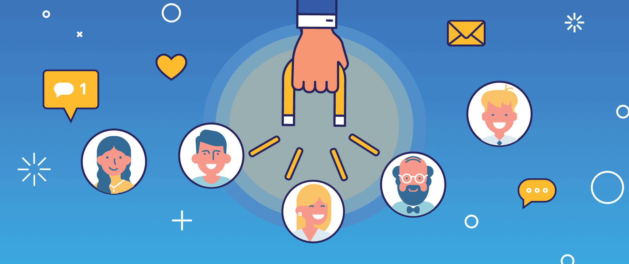 onboarding 2022 - illustration of a hand holding a magnet that is attracting 3 people toward it.