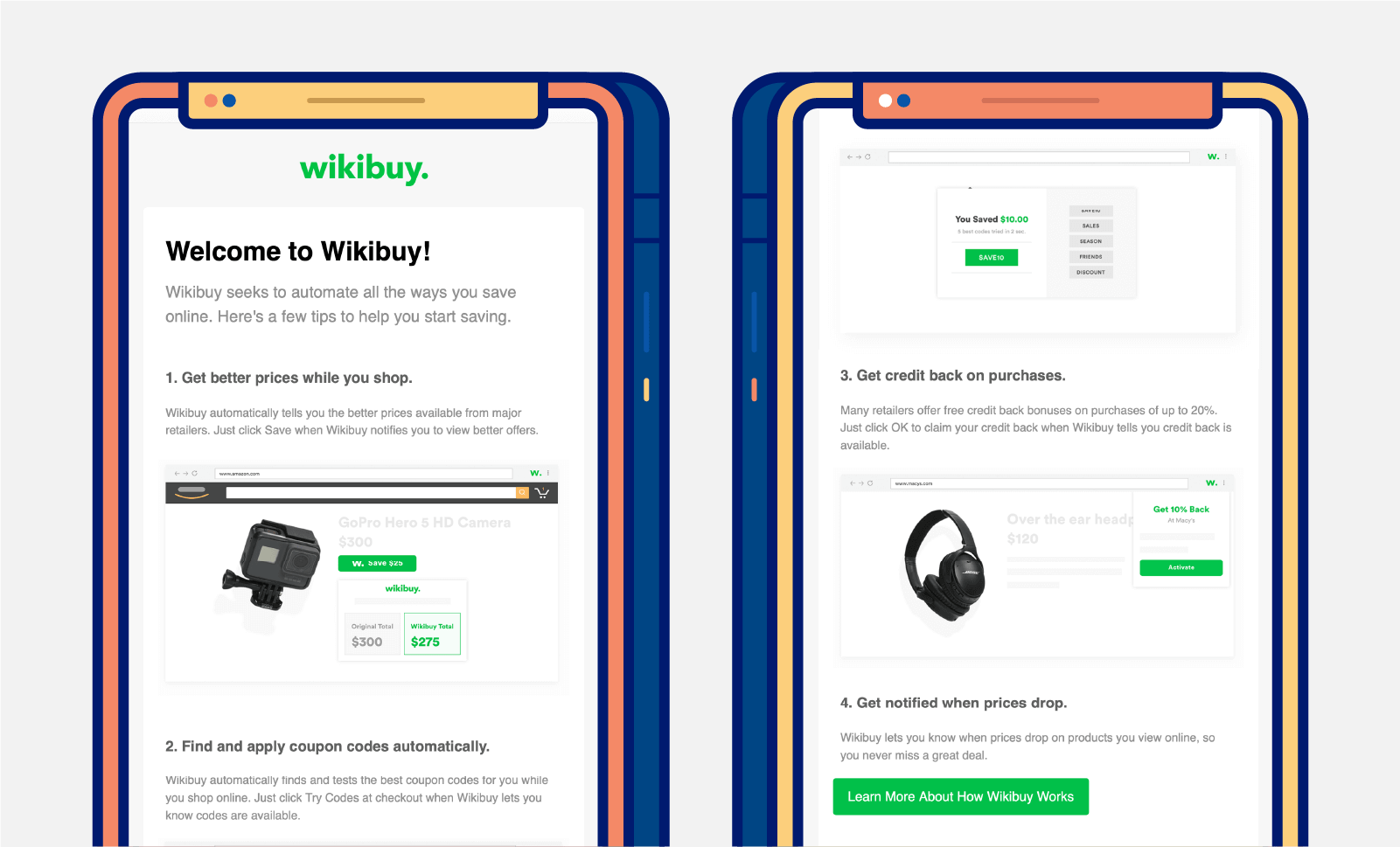 two mobile screens showing real welcome message email from wikibuy