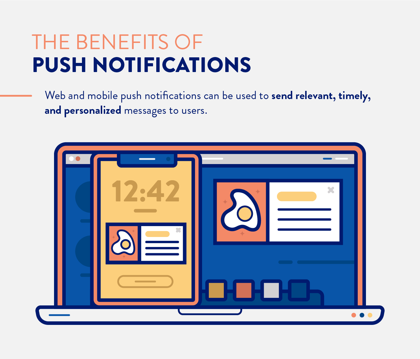 the benefits of push notifications including web and mobile which can be used to send timely, relevant, and personalized messages. 