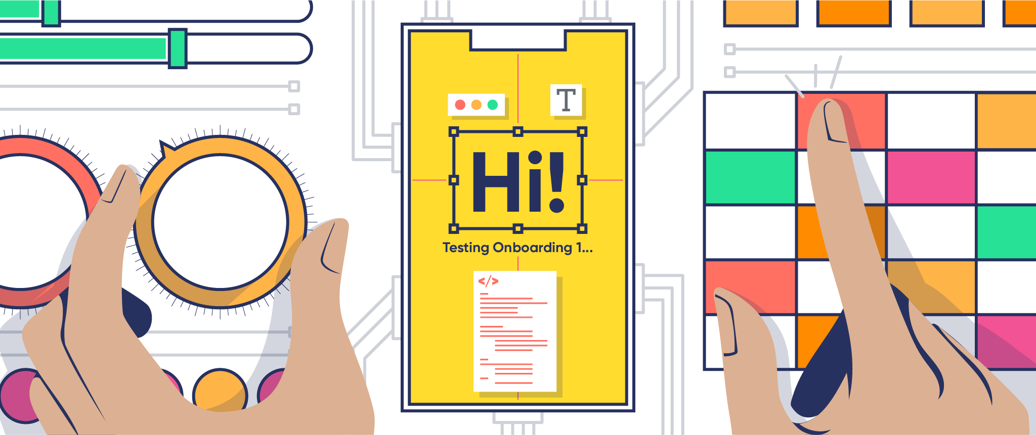 Illustration showing a marketer testing onboarding controls on a mobile app. Screen says "Hi! Testing Onboarding."