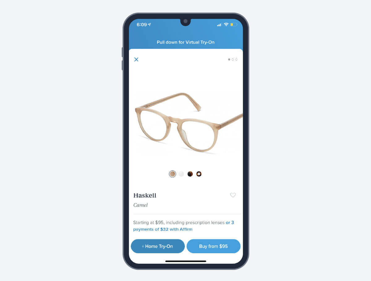 warby parker sunglasses on an iphone
