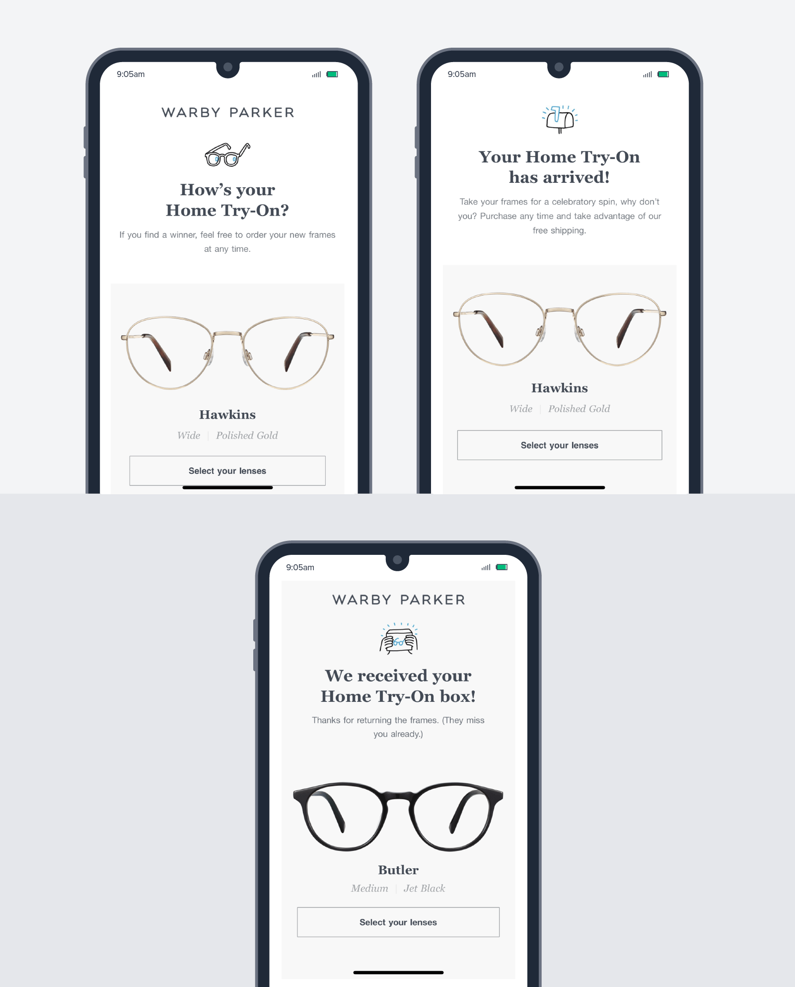 Warby Parkers prompt the user to complete purchases
