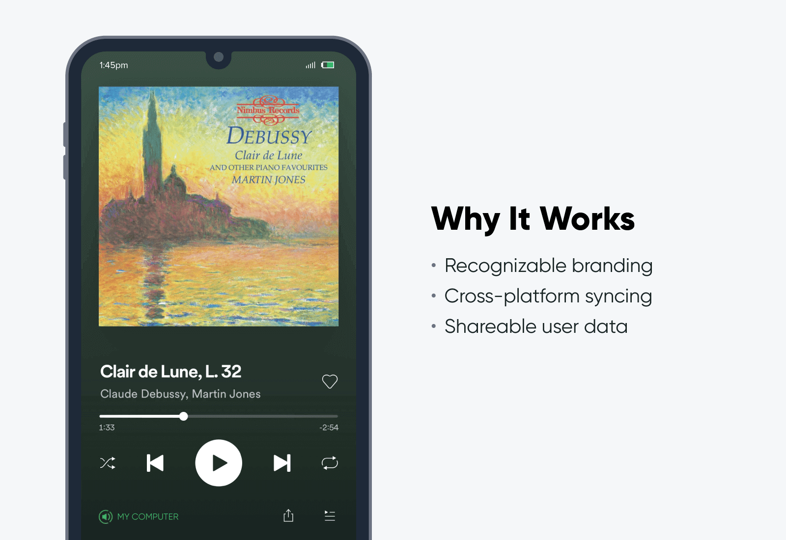 Mockup of a Spotify mobile app screen illustrating their cross-platform syncing with bullet points that explain why it works as an omnichannel marketing strategy.