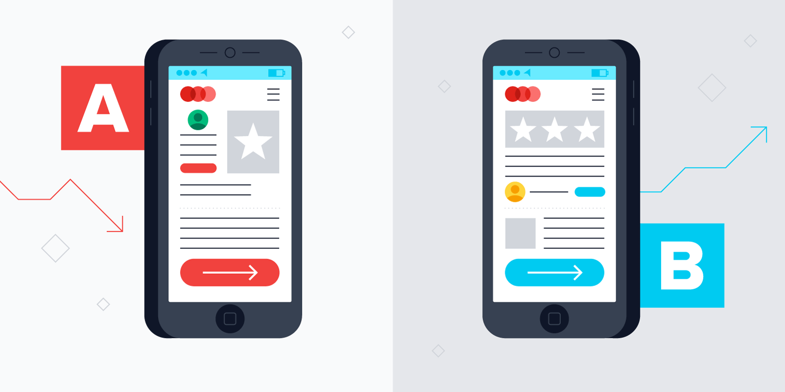 A B Testing - Illustration of 2 mobile phones side by side