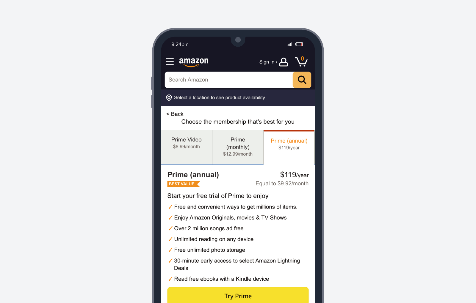 Amazon Prime loyalty program screenshot