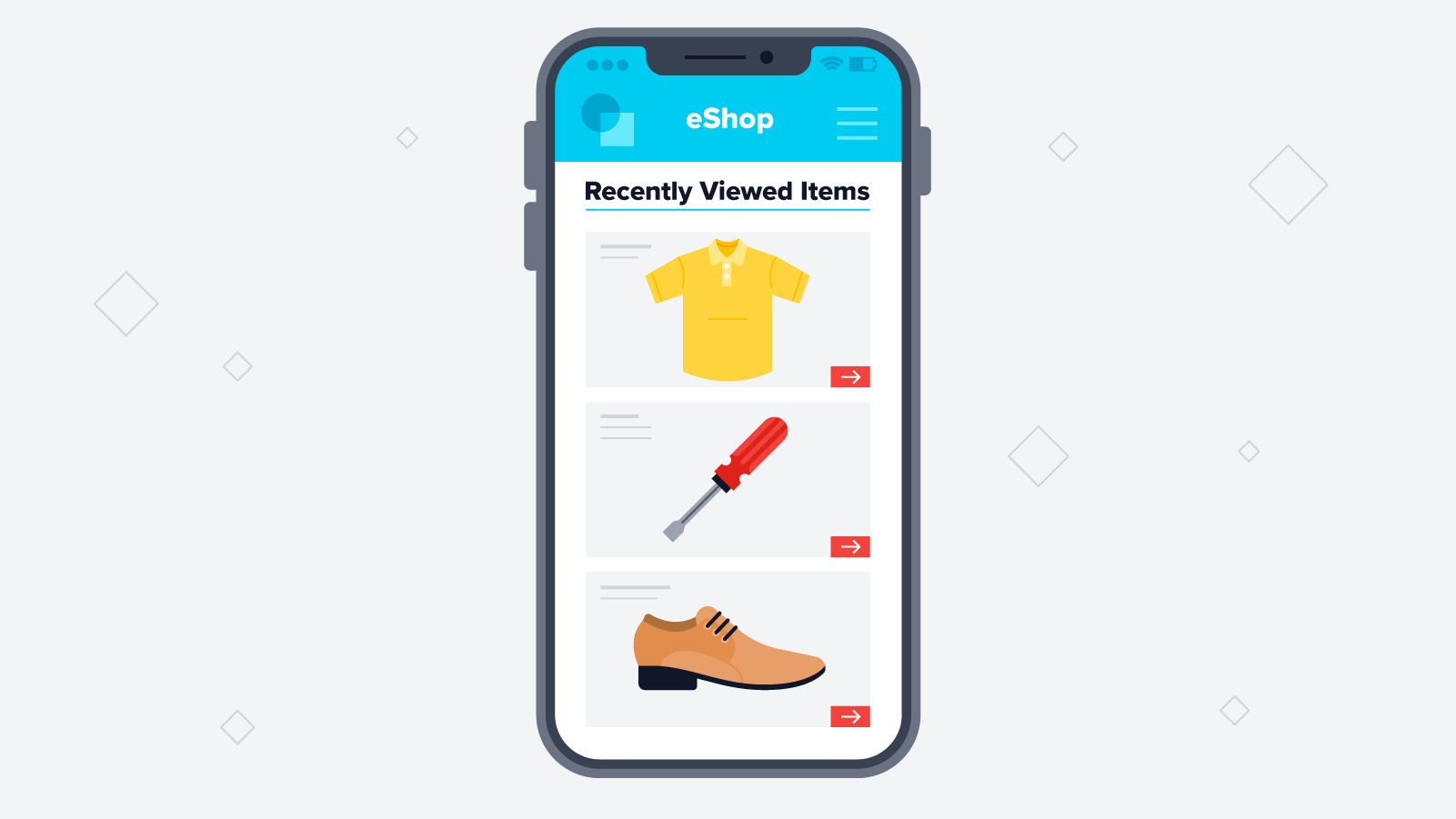 ecommerce personalization - Illustration of a mobile phone showing recently viewed items on an ecommerce app