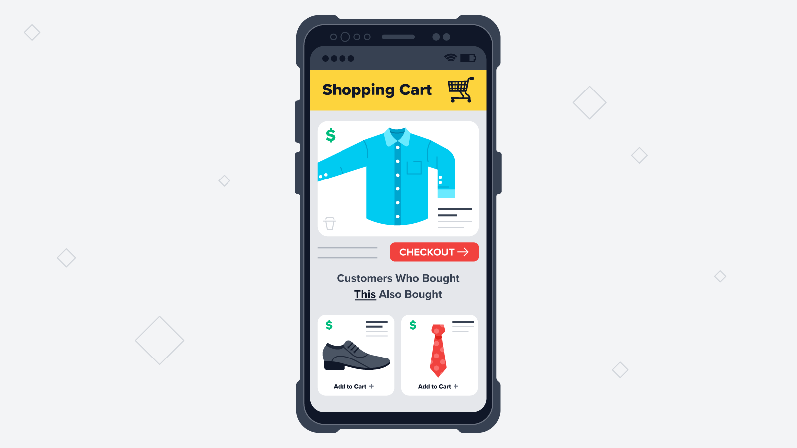 ecommerce personalization -Illustration of a mobile app with shopping cart related items offers