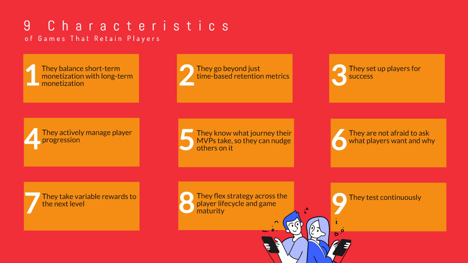 The Nine Characteristics of Games That Retain - infographic listing the 9 characteristics of games that retain players