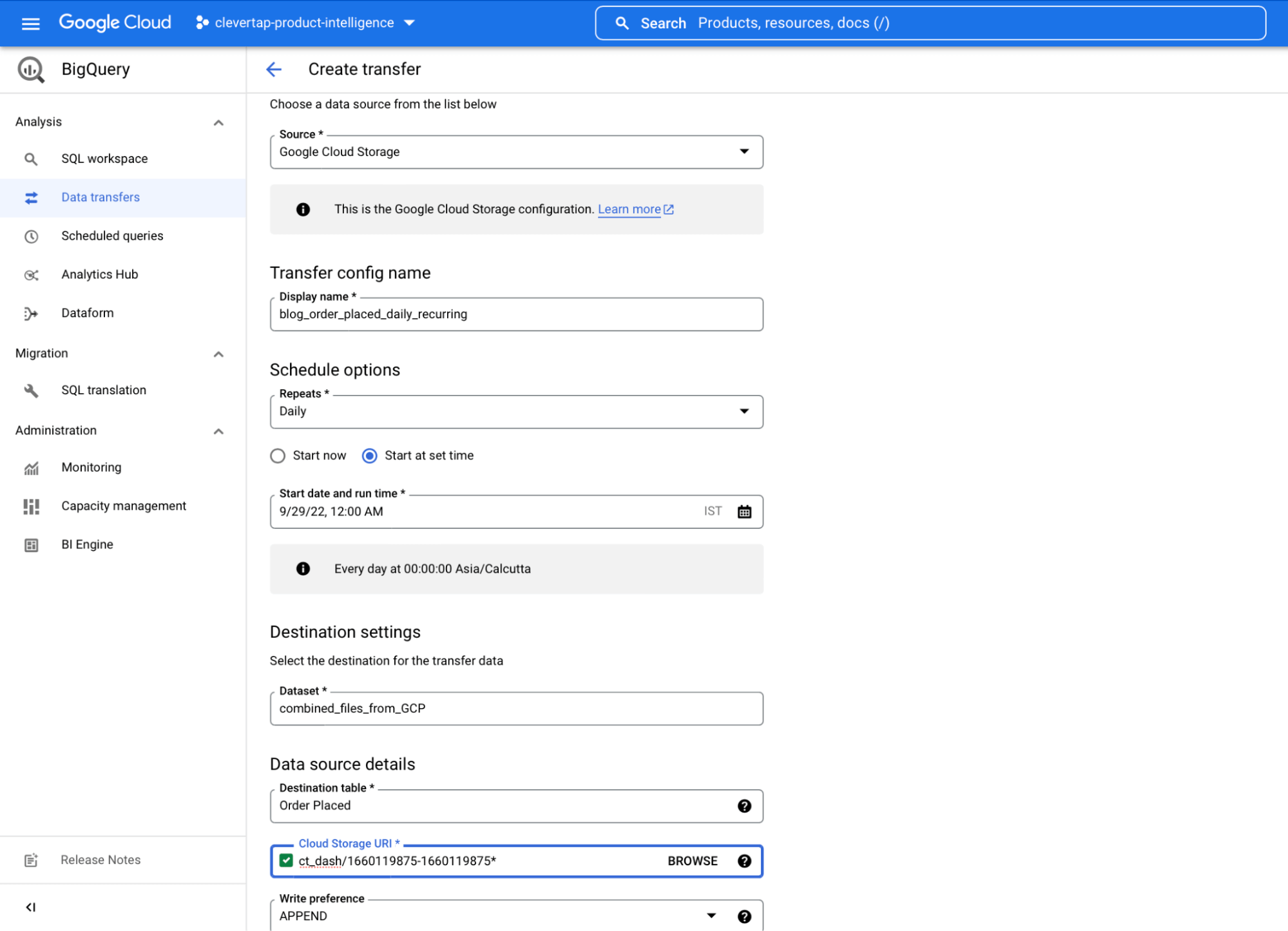 Screenshot of the create transfer page with all fields completed and automated to start every day at midnight.
