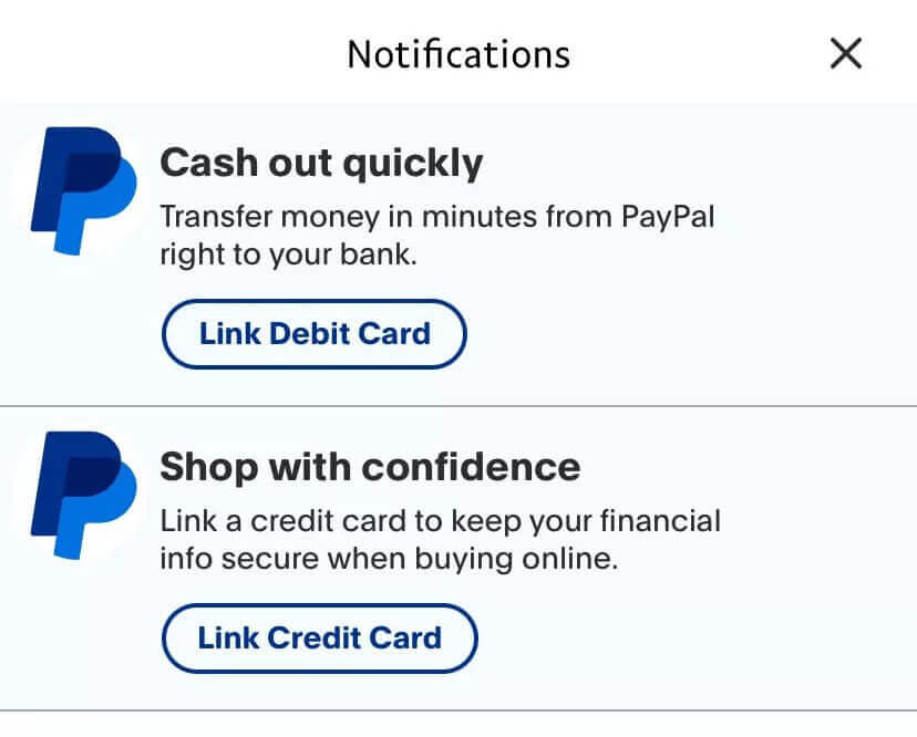 Screenshot of Paypal in-app notifications