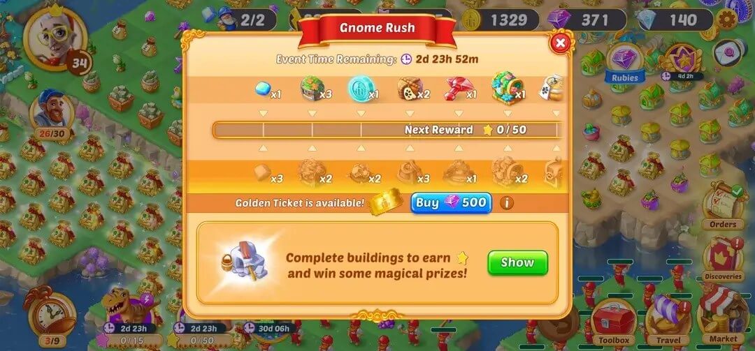 Screenshot of an EverMerge LiveOps event called Gnome Rush