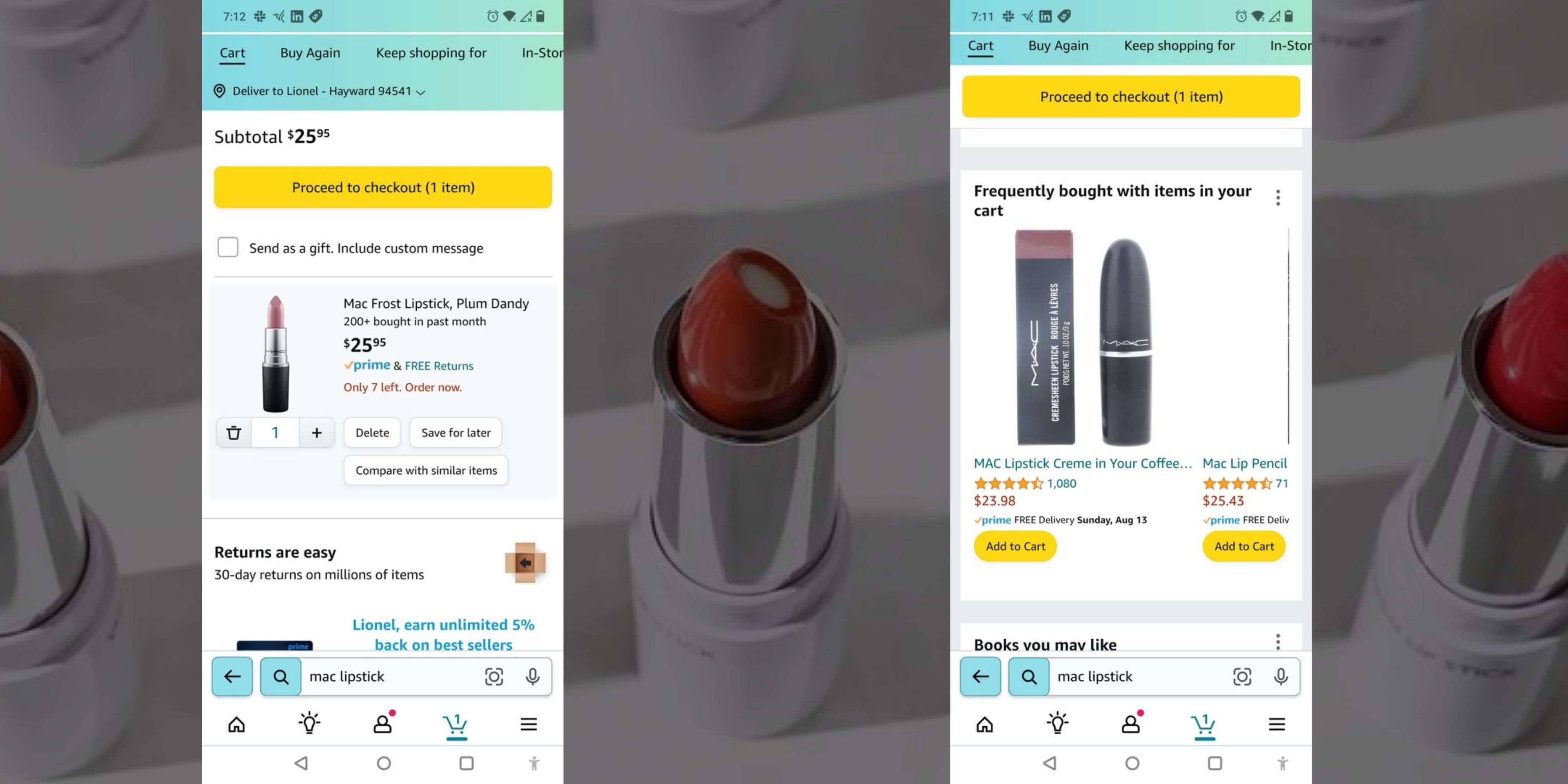 Screenshots of Amazon's shopping cart and how they personalize recommendations
