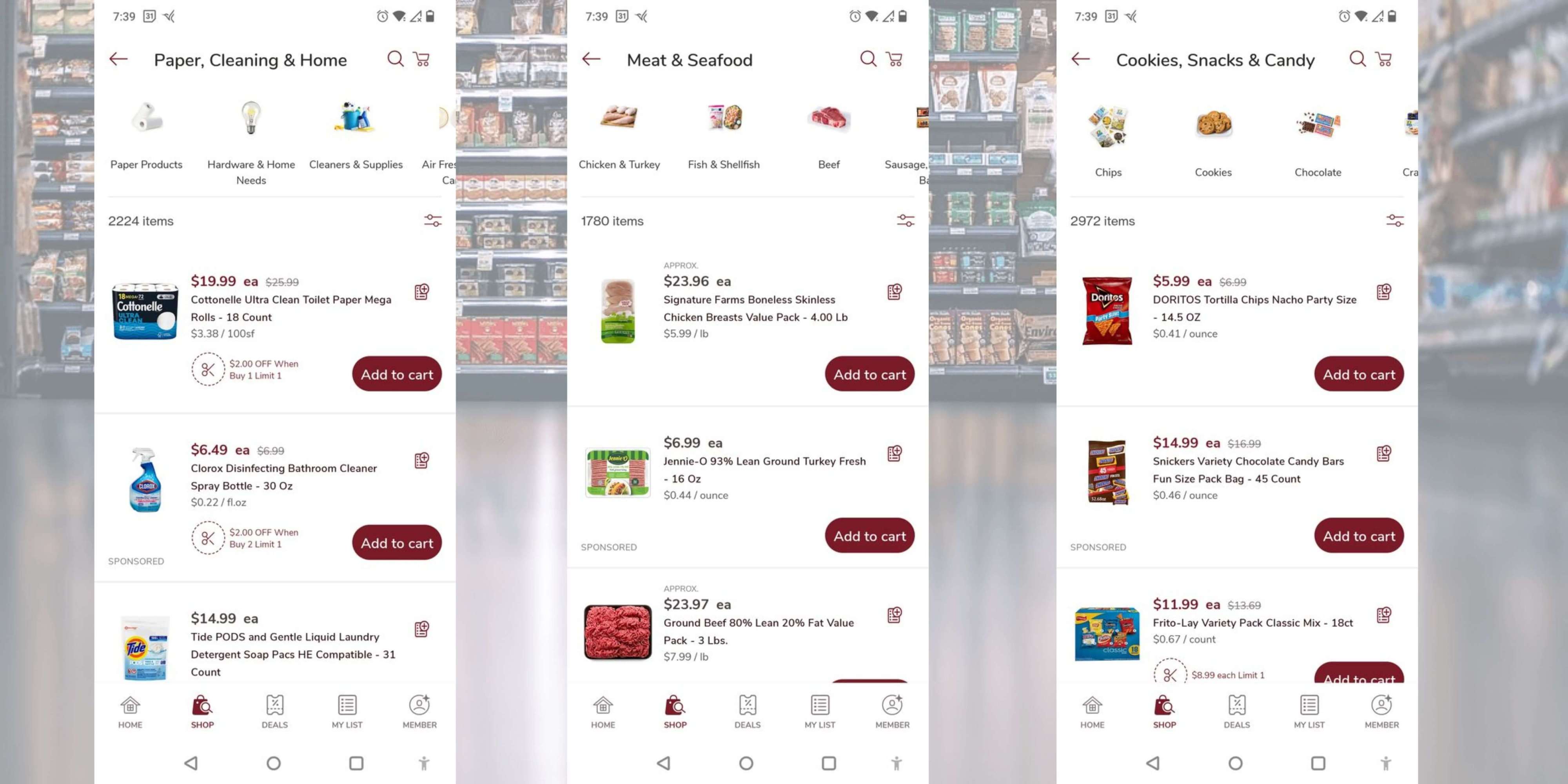 3 Screenshots of the Safeway app showing upsells in any category search.