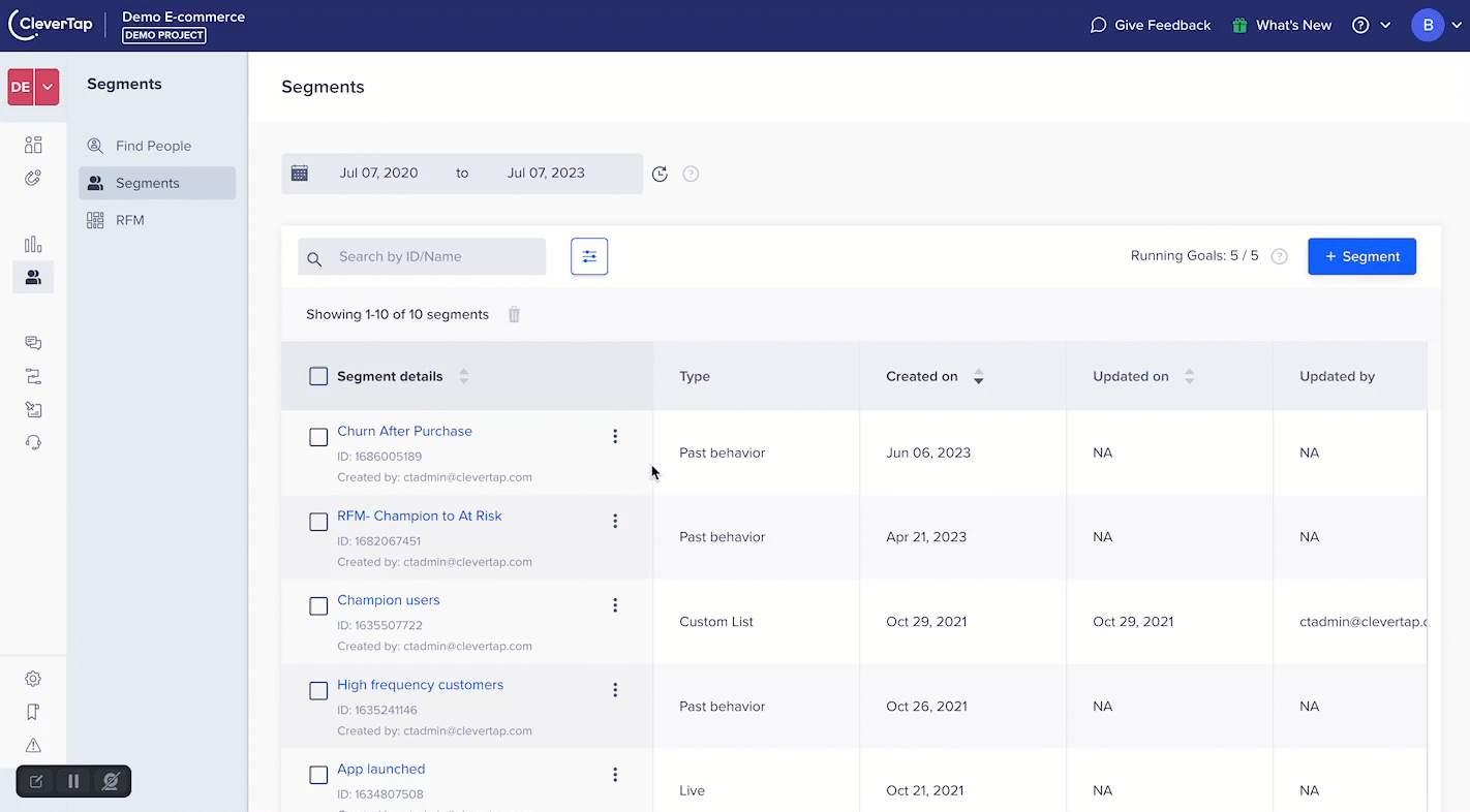 CleverTap list of segments