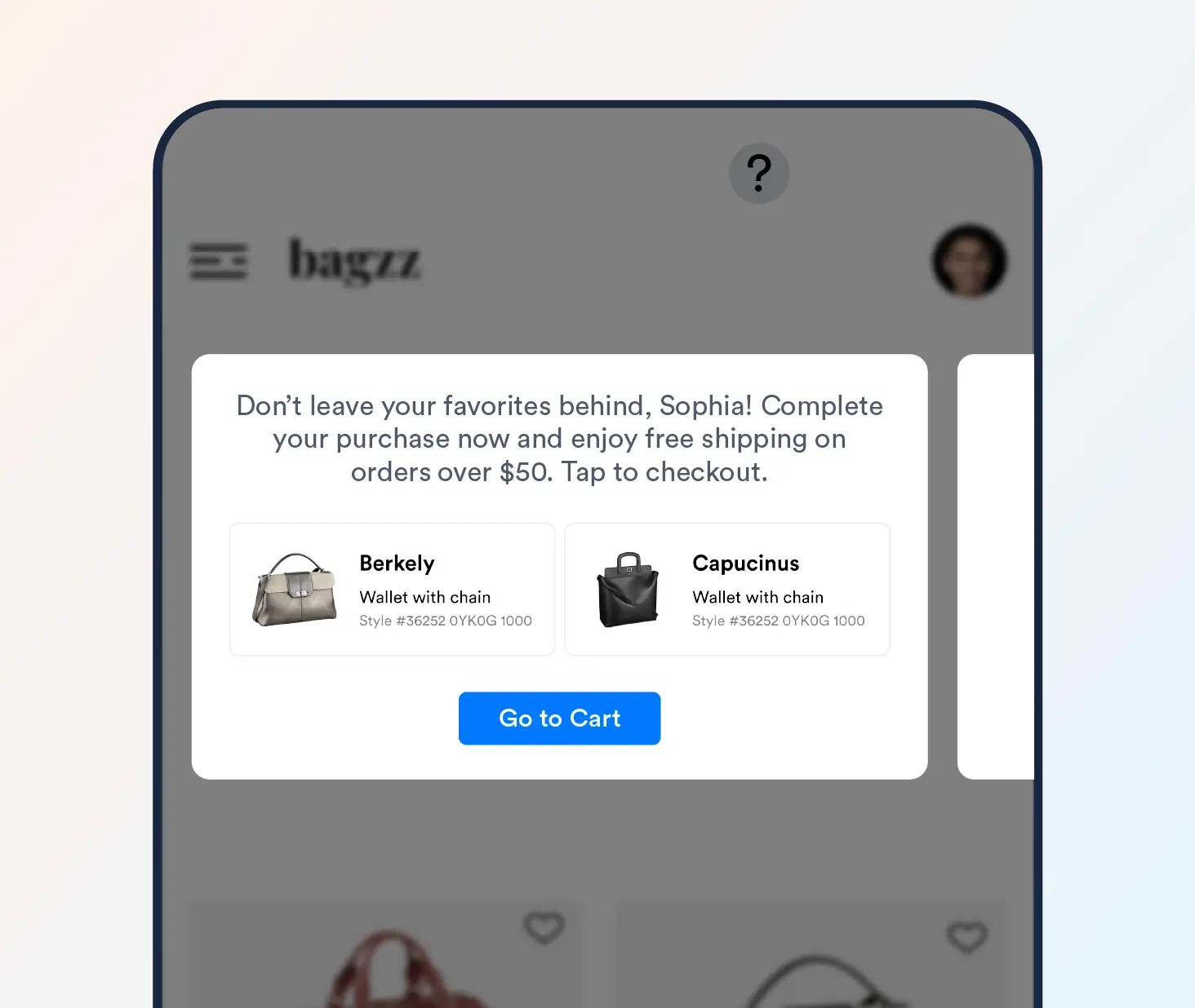 Abandoned cart in-app notification example