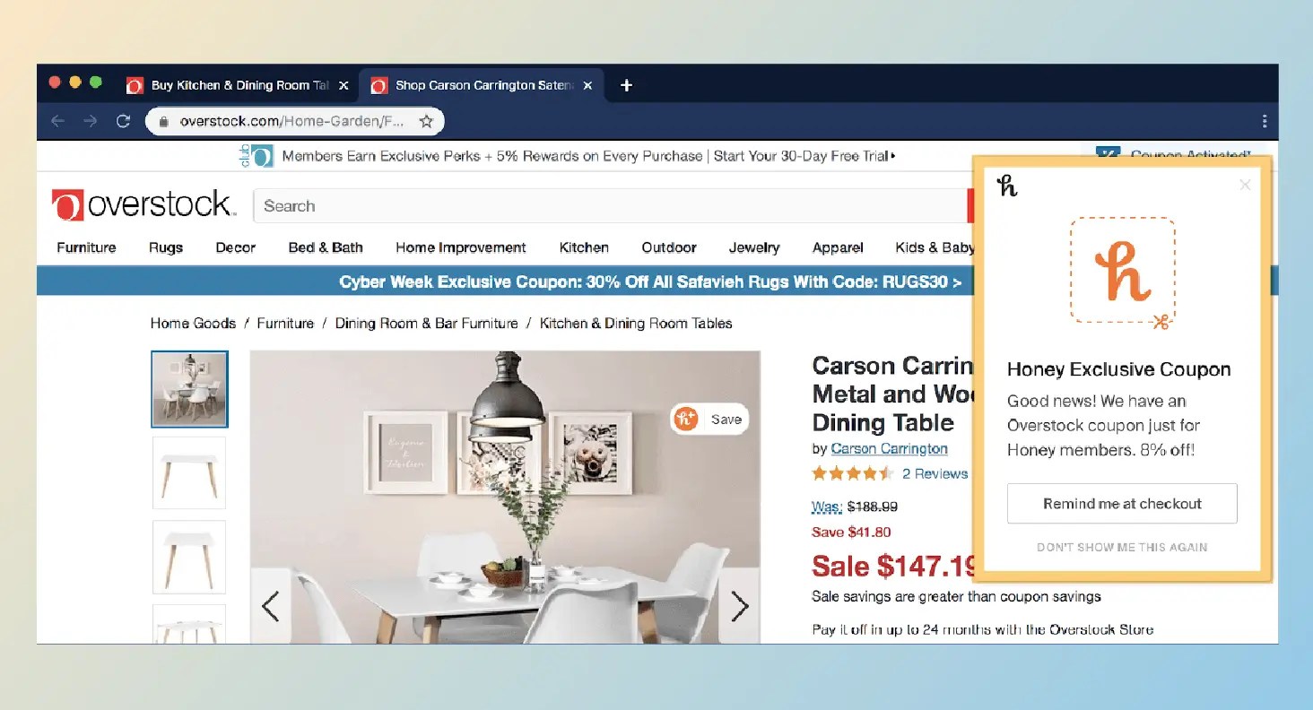 Overstock E-commerce web push notification example