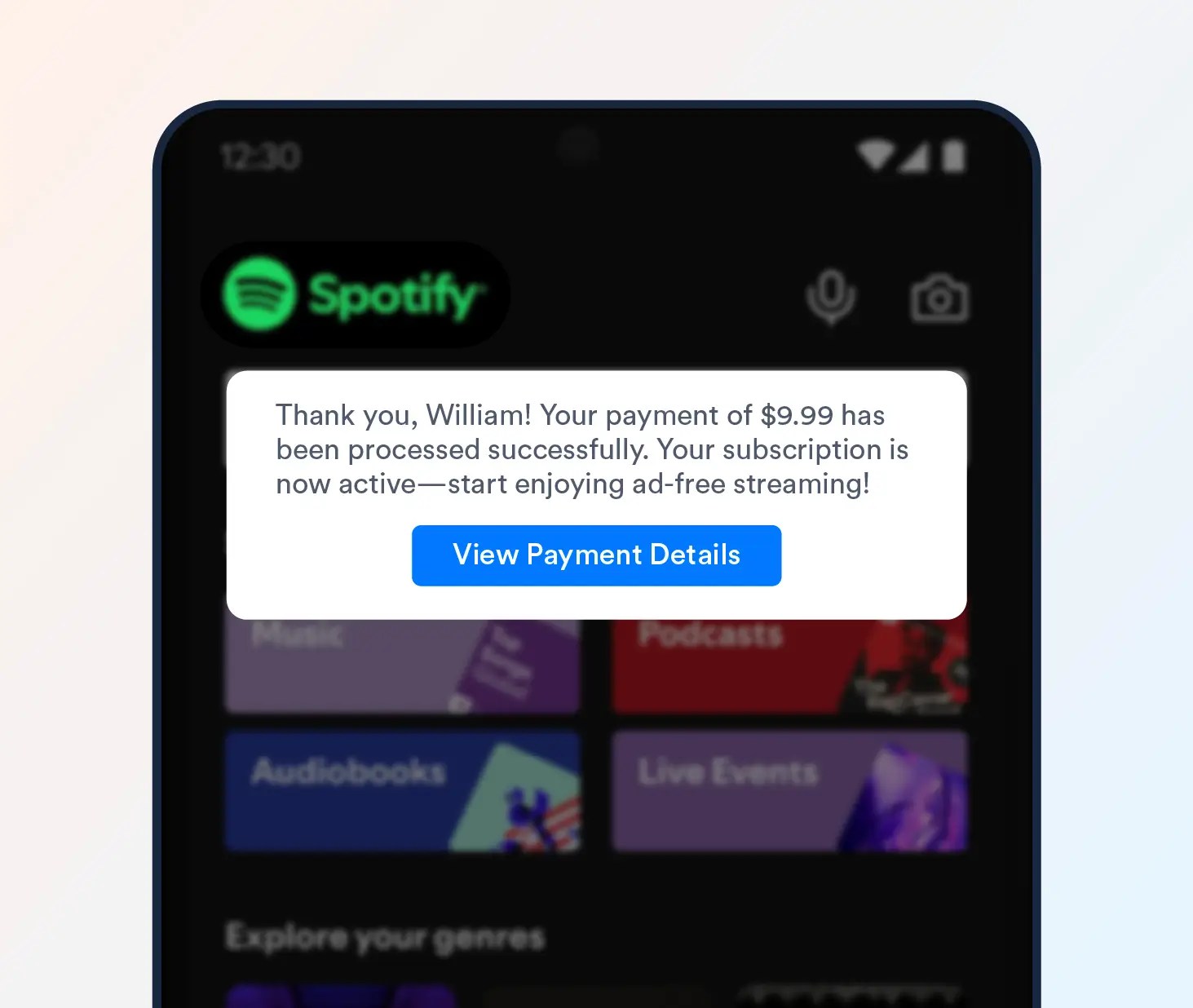 Payment confirmation in-app notifications example