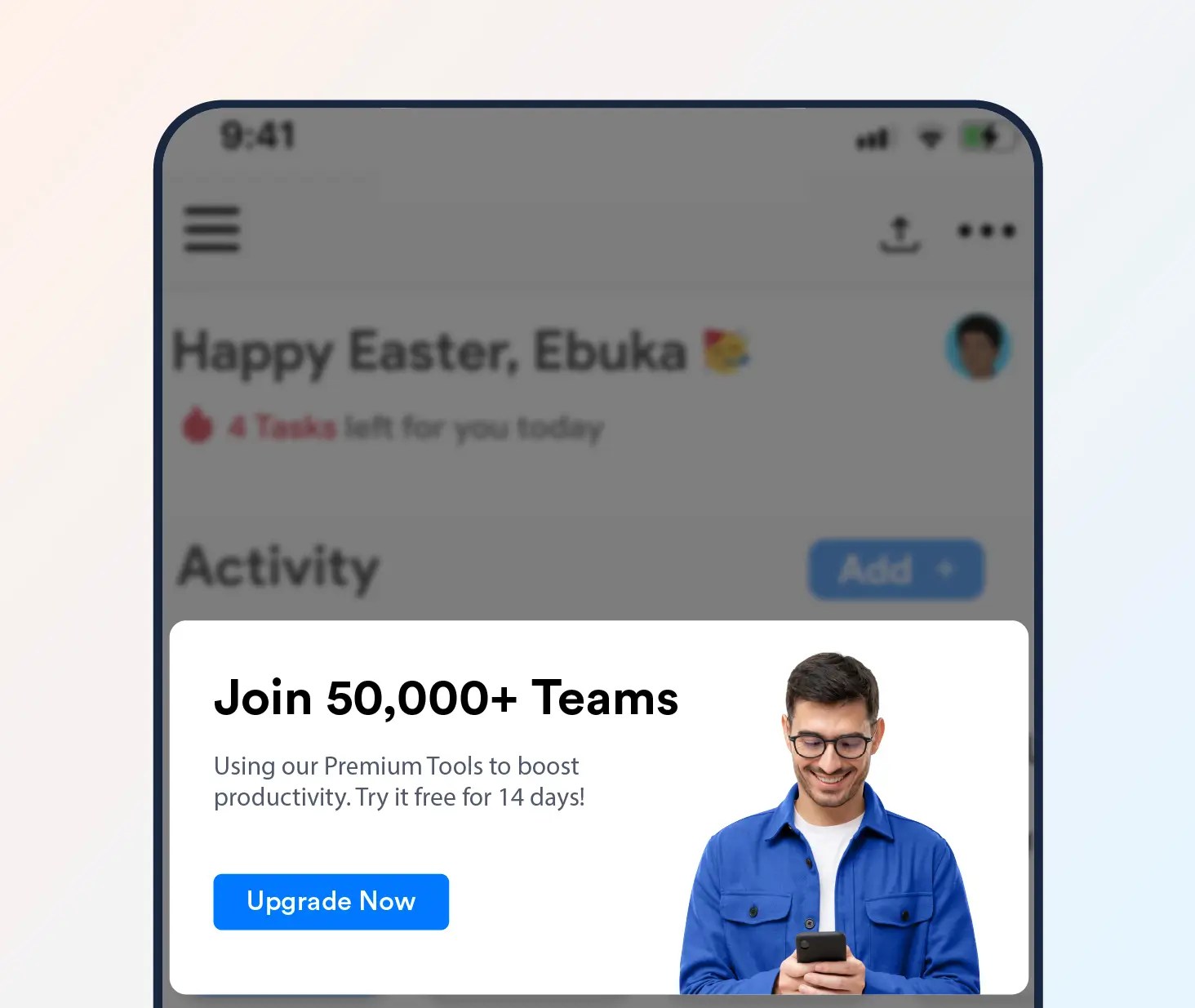 Social proof in-app message example