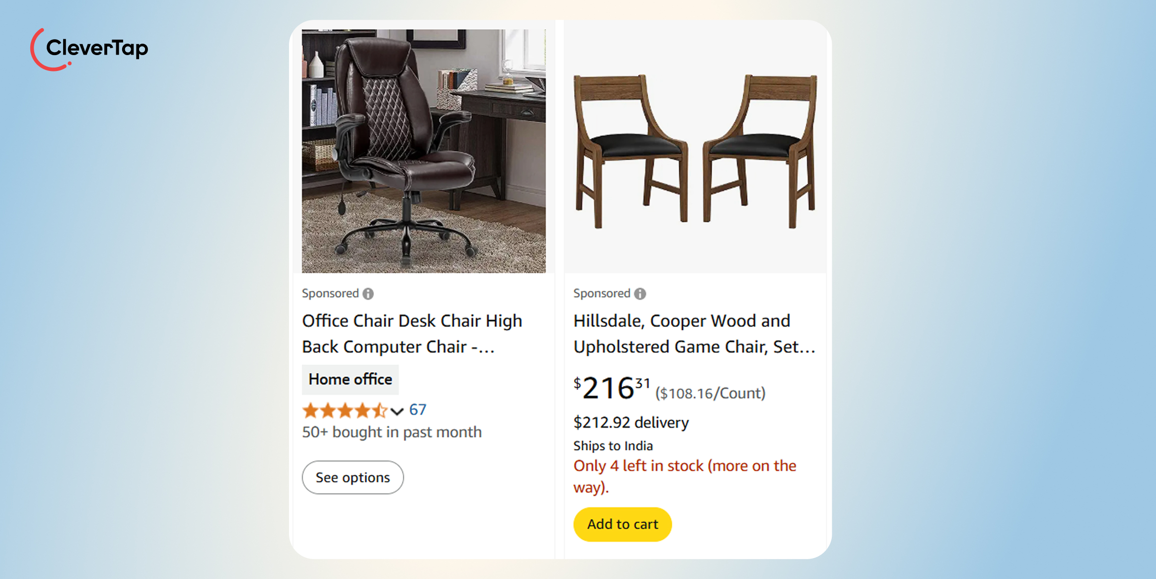 Amazon: Scarcity Messaging That Drives Action. Two sponsored product cards: left an espresso brown leather executive chair at a desk; right a pair of wood and black upholstered chairs with prices and add-to-cart button.