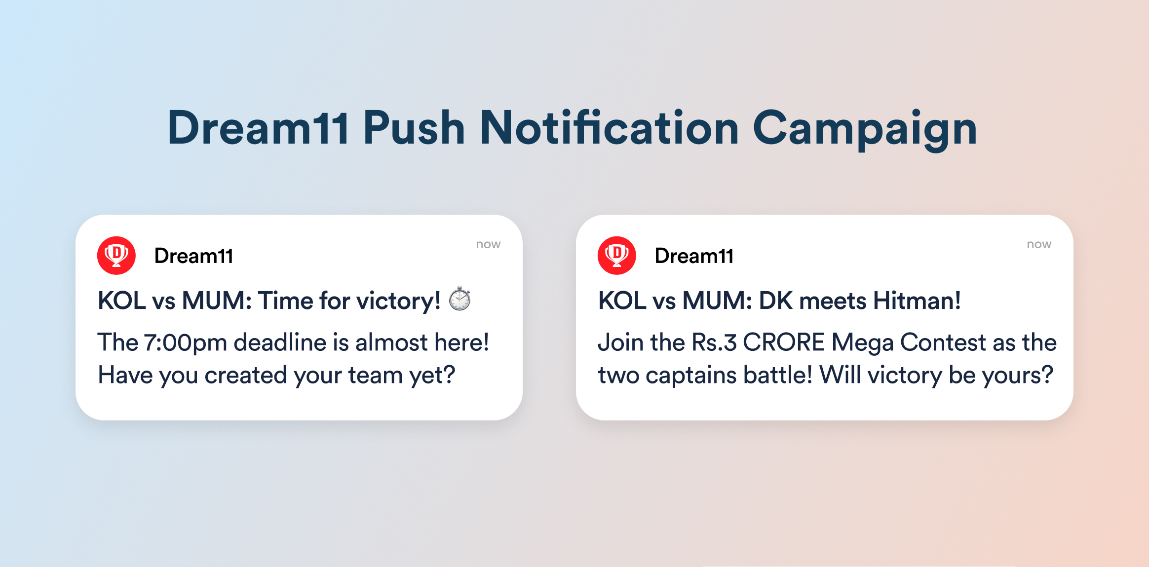 Dream11 Push Notification Campaign banner showing two notification cards with KOL vs MUM contest alerts and deadlines.