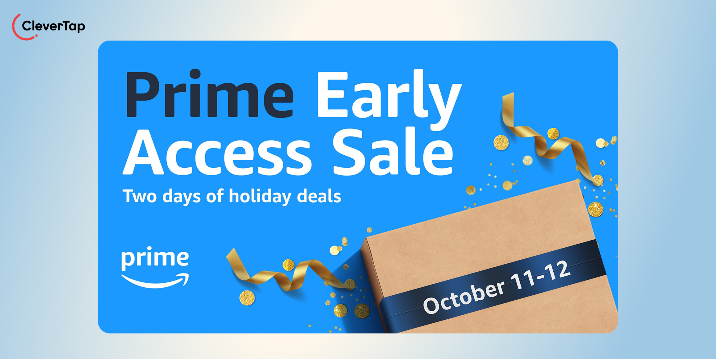 Blue promotional banner announcing 'Prime Early Access Sale' with 'Two days of holiday deals,' featuring a gift box and gold ribbon on a rounded blue panel (CleverTap logo top-left).