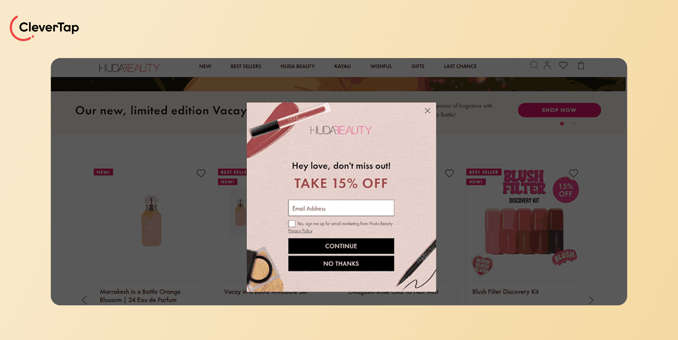 Popup modal on Huda Beauty site offering 15% off with an email signup form and two buttons (Continue / No Thanks).