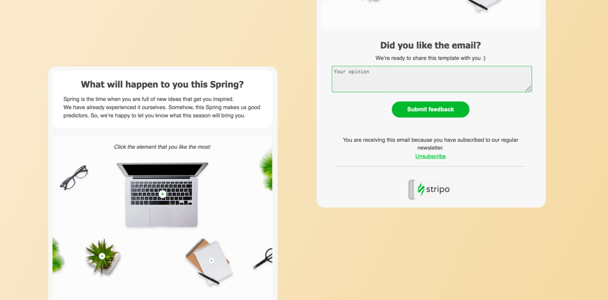 Interactive Elements - Two-column newsletter mockup: left side has a spring-themed intro and product choices; right side shows a feedback form with a green Submit button and unsubscribe link.