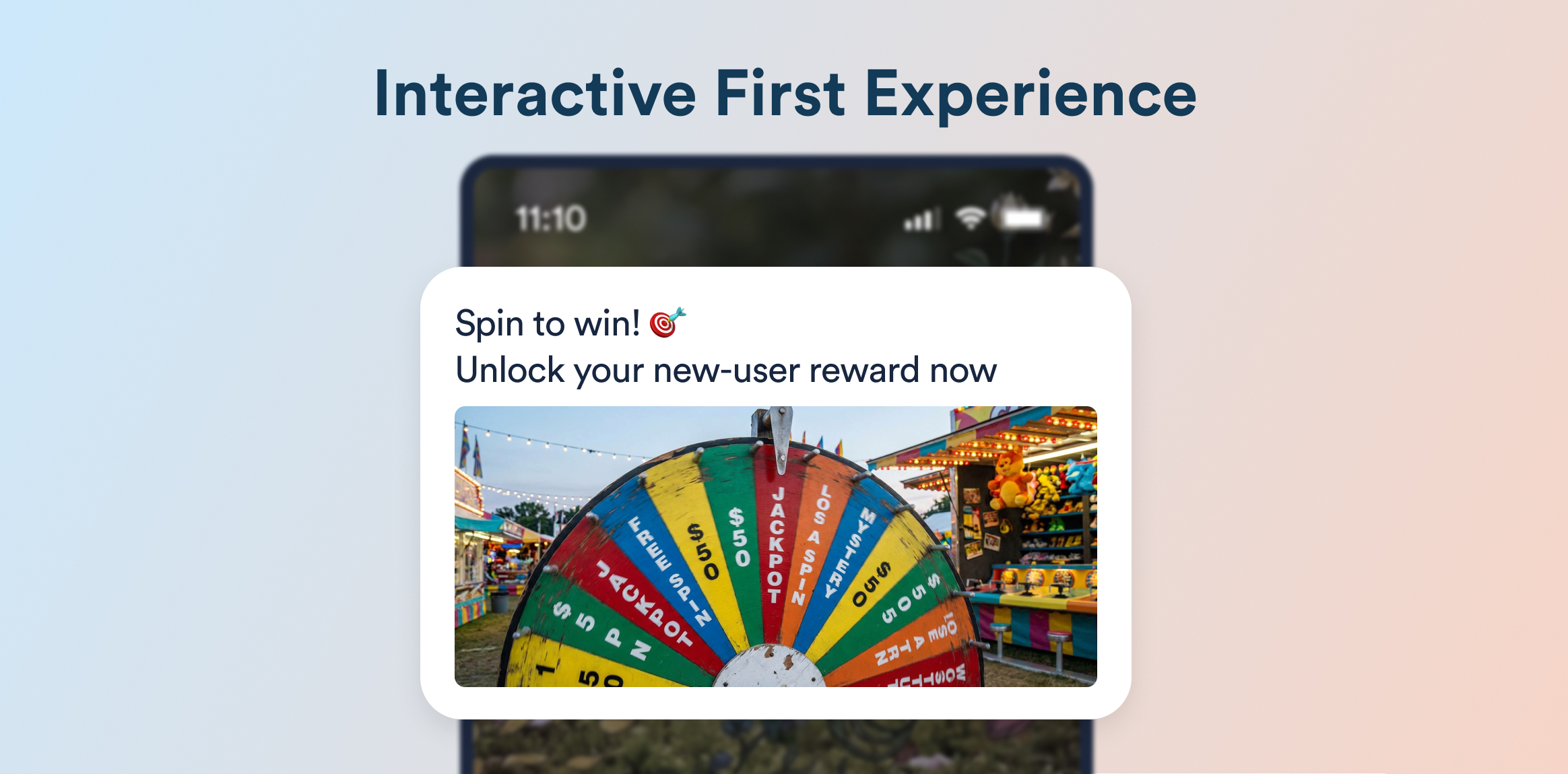 Interactive First Experience - Web Push Notifications. Banner promoting a spin-to-win game to unlock a new-user reward, shown near a colorful prize wheel at a carnival setting