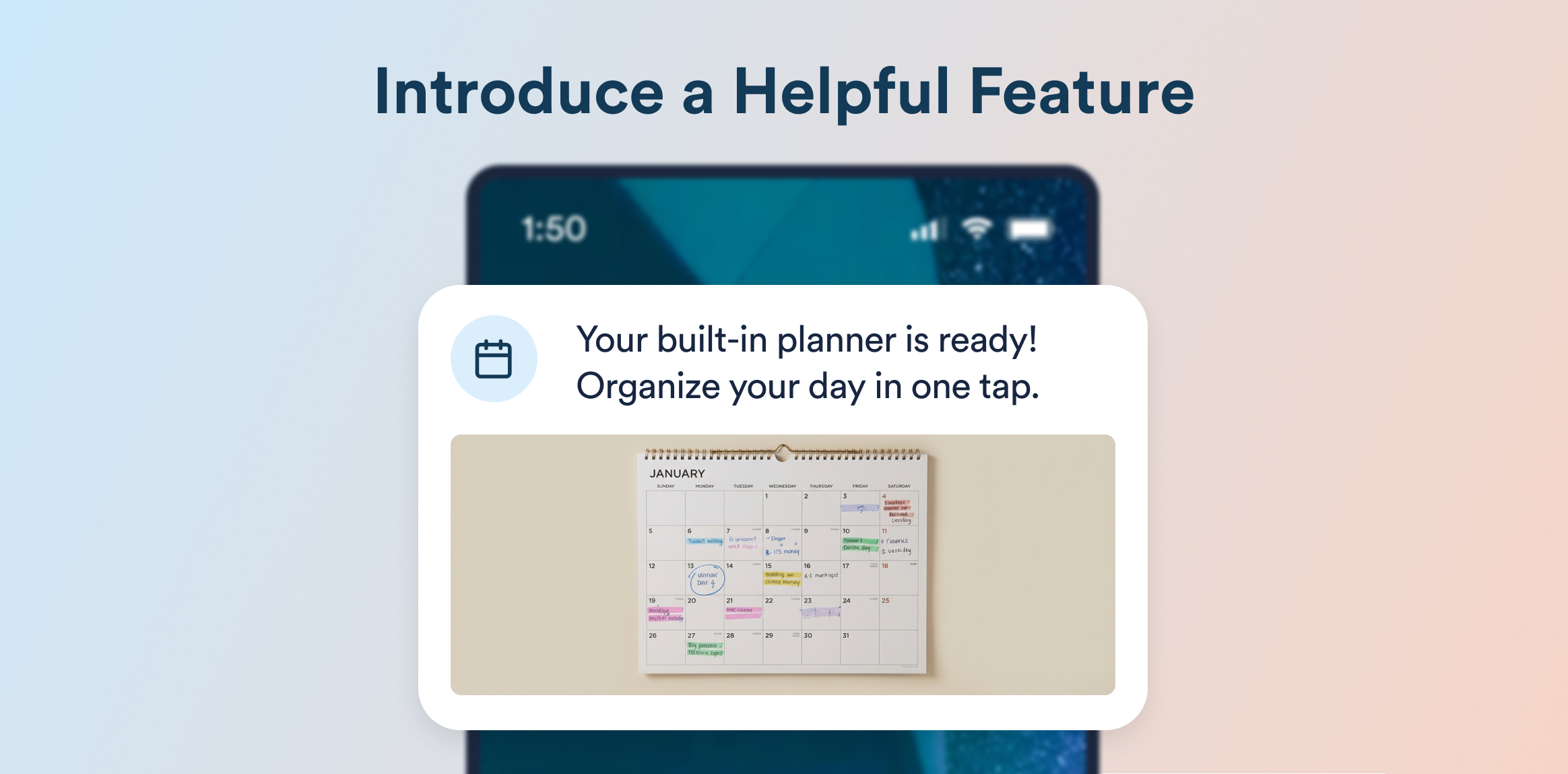 Introduce a Helpful Feature - Welcome Push Notifications. Promotional hero announcing a built-in planner feature with a notification card and calendar image.