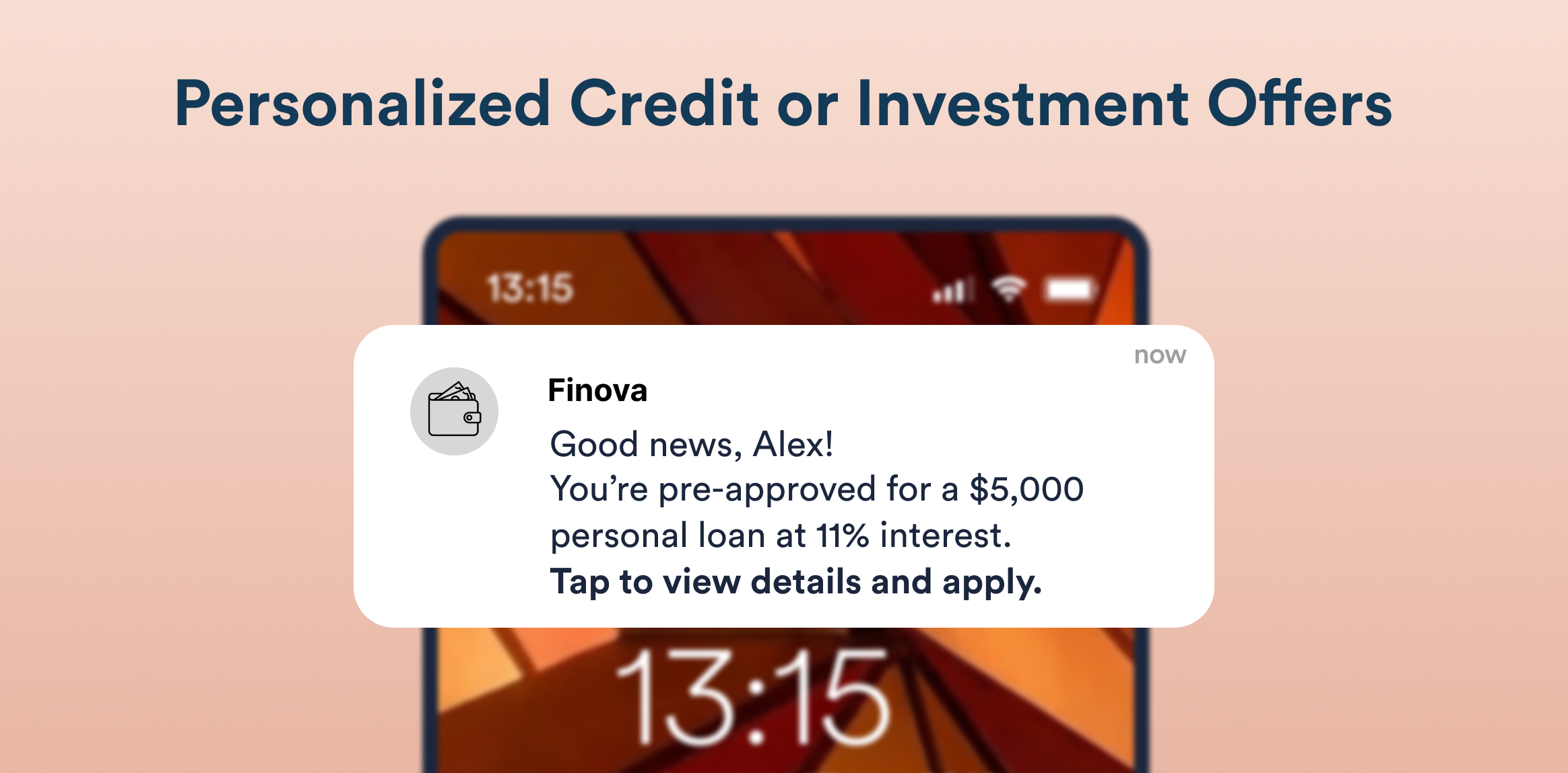 Personalized Credit or Investment Offers. Promotional notification about a personalized loan offer from Finova showing pre-approval details and next steps.